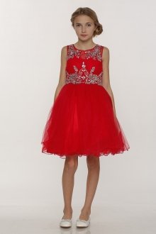 Red Sleeveless Tulle Junior Bridesmaid Dress with Exquisite Beading Design